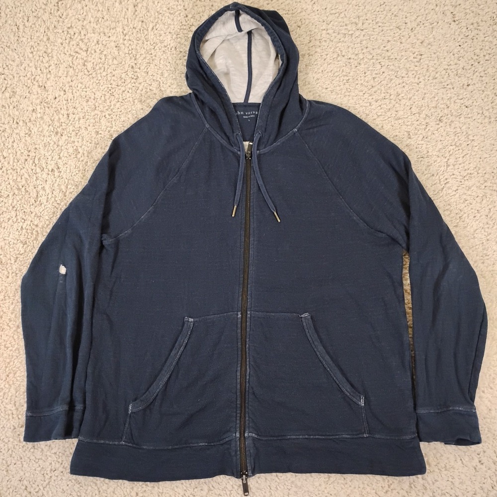 John Varvatos Hoodie Mens Large Blue Full Zip Double Knit Lightweight Drawstring